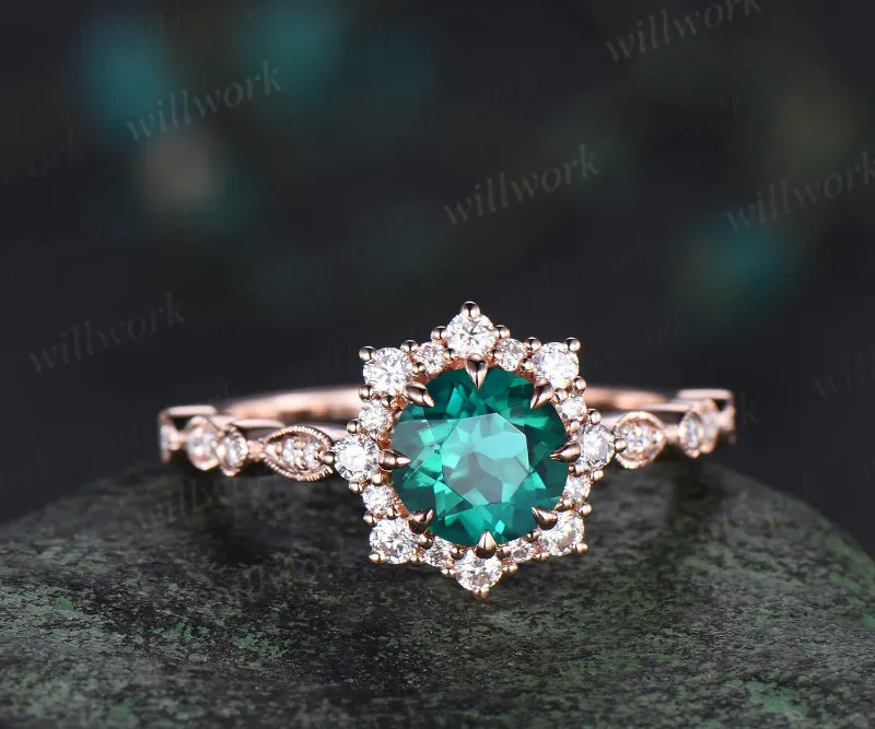 WillWork Jewelry 1ct round green emerald wedding ring rose gold 8 prong milgrain art deco halo emerald engagement ring