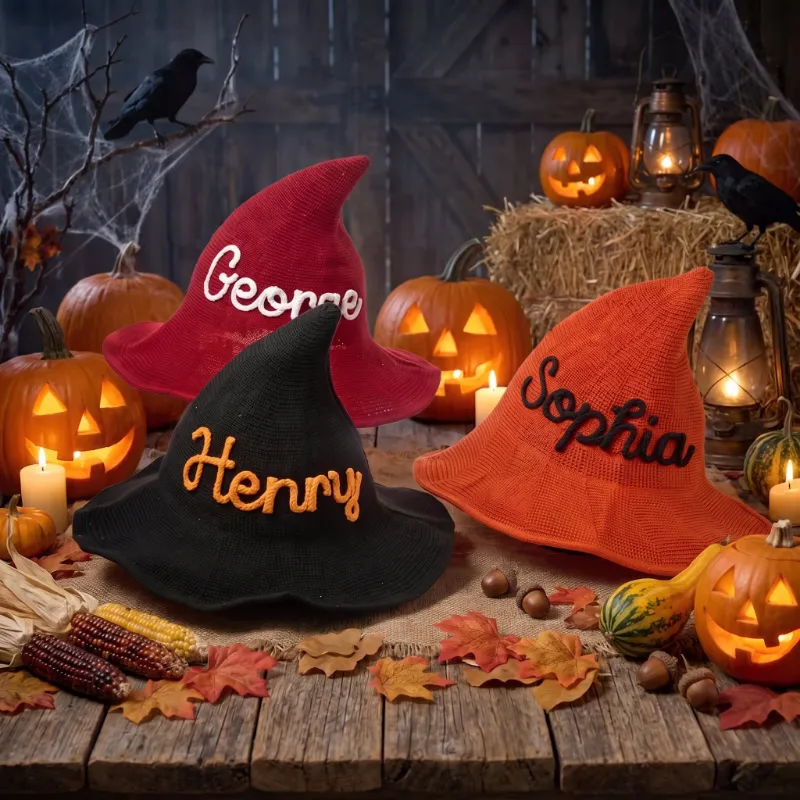 Mamaraya Personalized Halloween Witch Hat for Kids with custom yarn name and plush icons