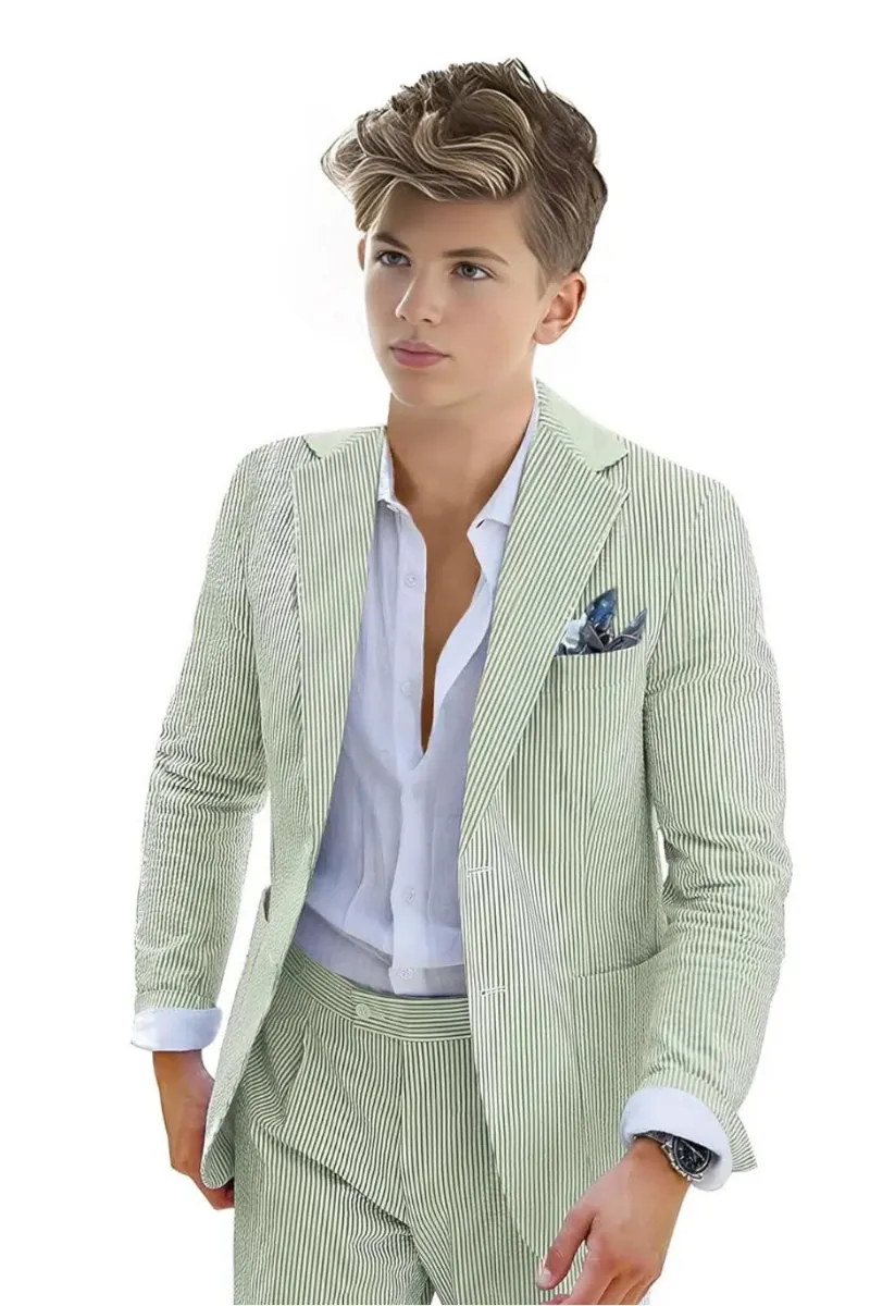 Wehilion Boys Seersucker Tuxedo 2 Piece Suit, pinstripe jacket and pants set shown flat