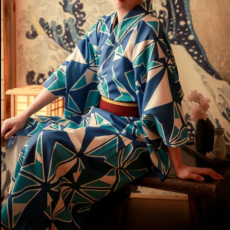 Foxtume Geometric Pattern Men Traditional Yukata in blue geometric pattern