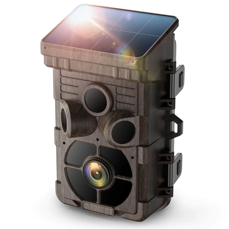Voopeak TC16 solar trail camera showing solar panel and infrared sensor lens