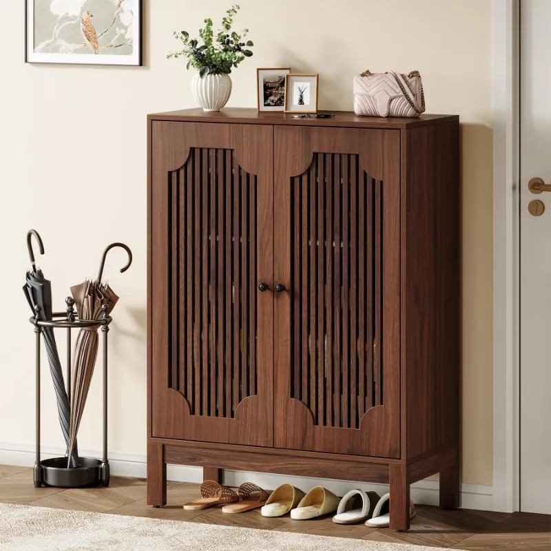 Tribesigns 20 Pairs Shoe Cabinet with louvered doors and walnut finish