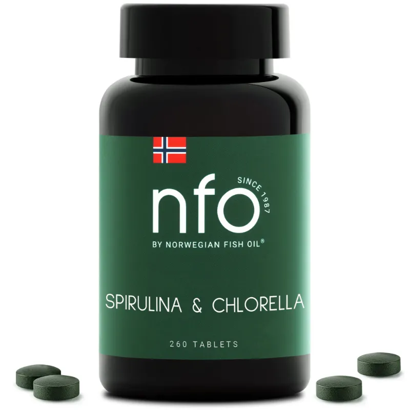 NFO Spirulina & Chlorella powder in a clear container with product label