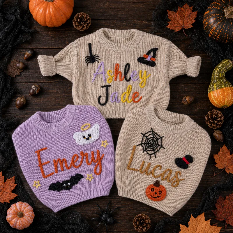 MamaRaya Personalized Halloween Custom Name Sweater with yarn lettering and Halloween accents