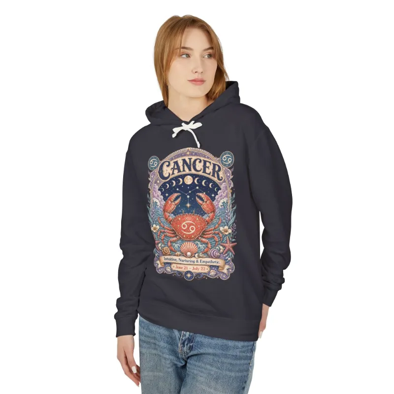 Spirit Nest Cancer Zodiac Hooded Sweatshirt with enchanted crab artwork on soft cotton fabric