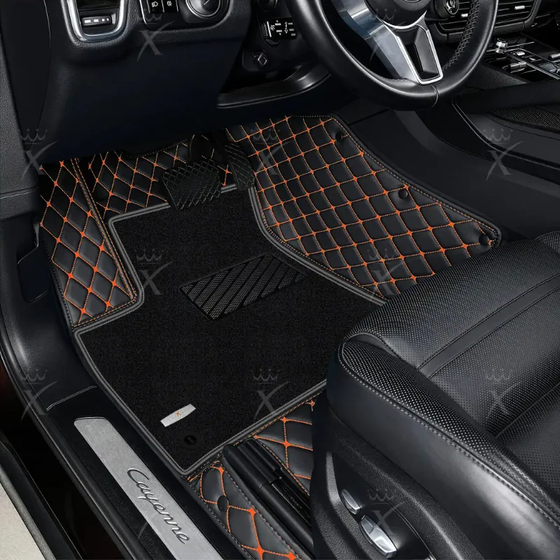 Luxus Car Mats Diamond Double Layer floor mats, black top carpet with orange stitching accents