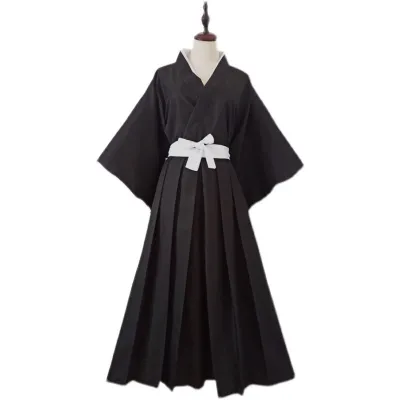 Foxtume Black Swordswoman Hakama Set with black kimono top and wide hakama pants