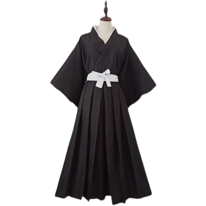 Foxtume Black Swordswoman Hakama Set with black kimono top and wide hakama pants