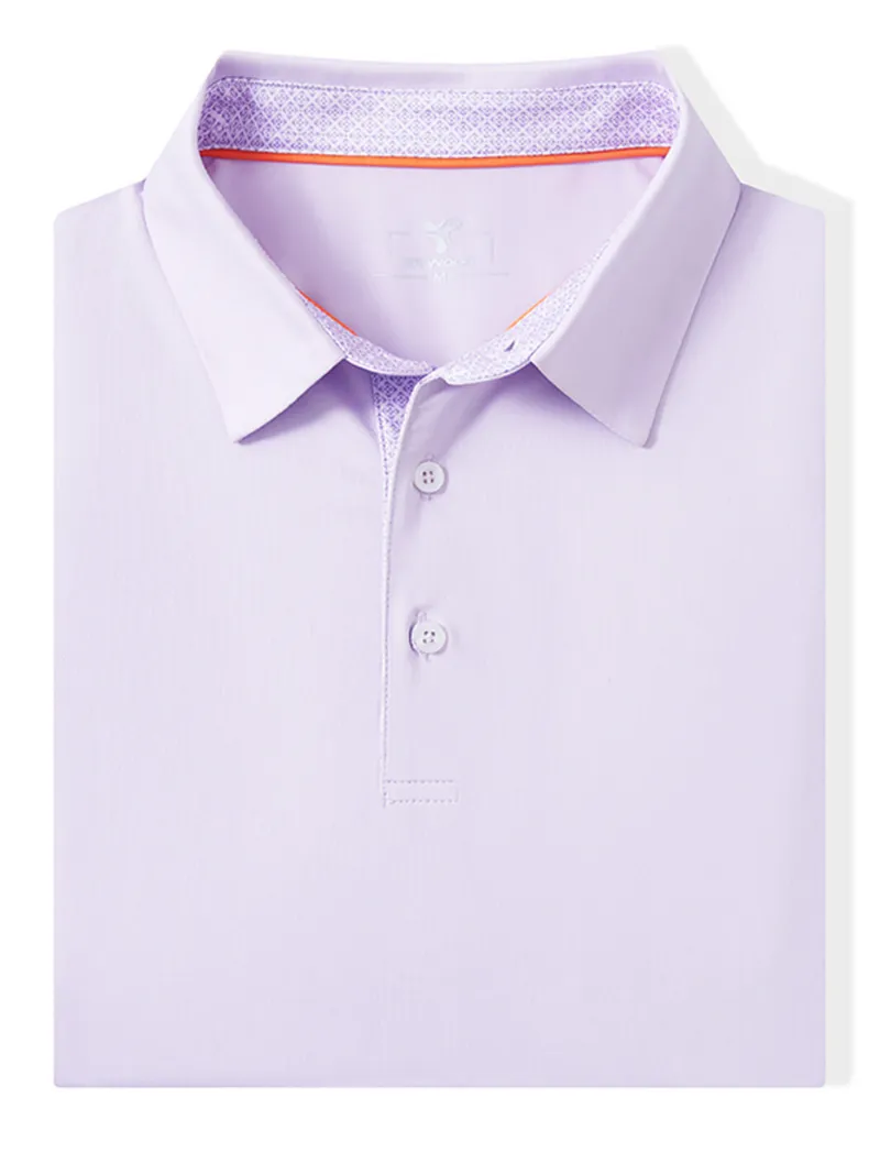 DTWOOO Designed Collared Solid Performance Polo in Purple Petals, front view of golf polo shirt