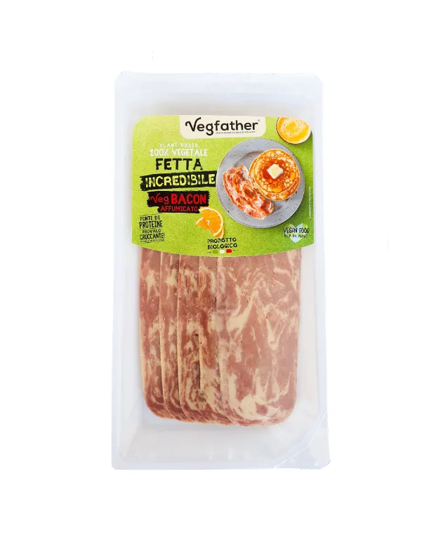 Vegaliano Veg Bacon showing plant-based bacon strips made from tofu and wheat gluten