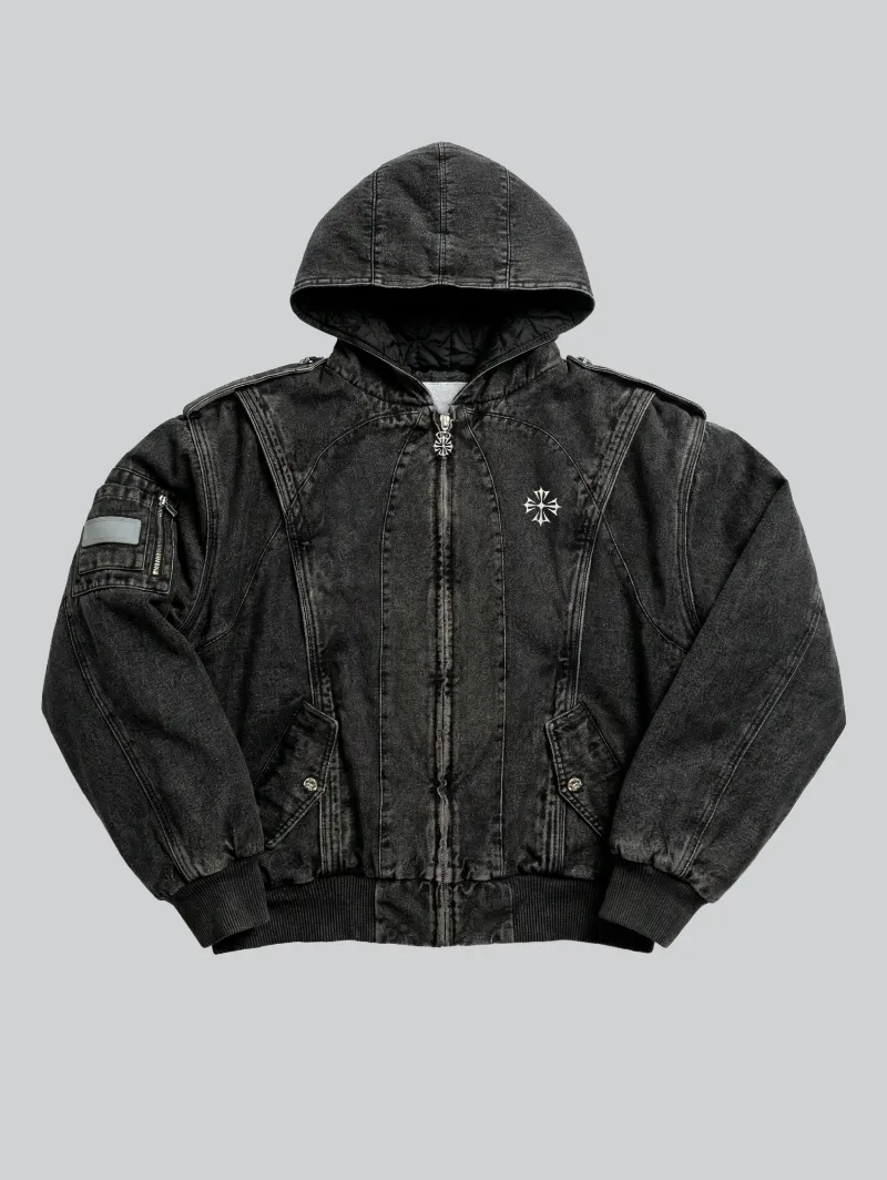 ARNTREAL Forged Denim Bomber jacket in washed black denim with embroidered details