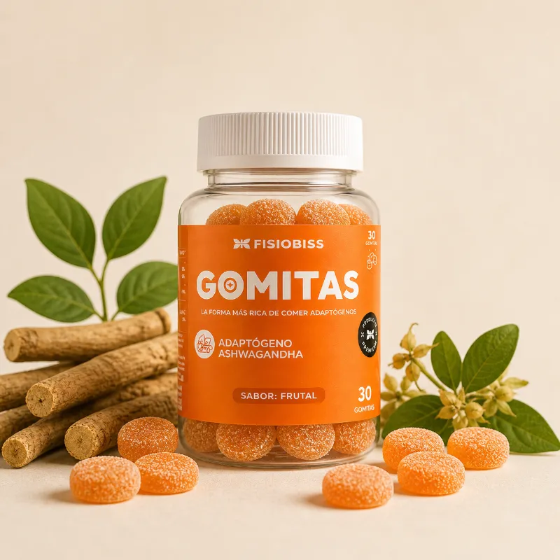 Fisiobiss Gomitas Ashwagandha gummy supplement bottle with fruity gummies