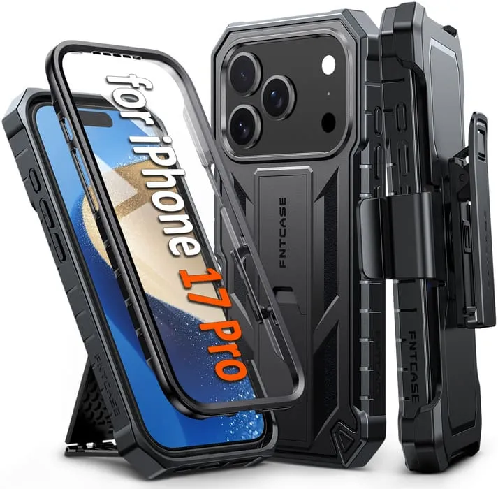 FNTCASE OFFICIAL military grade rugged iPhone 17 Pro case with kickstand and rotating belt clip