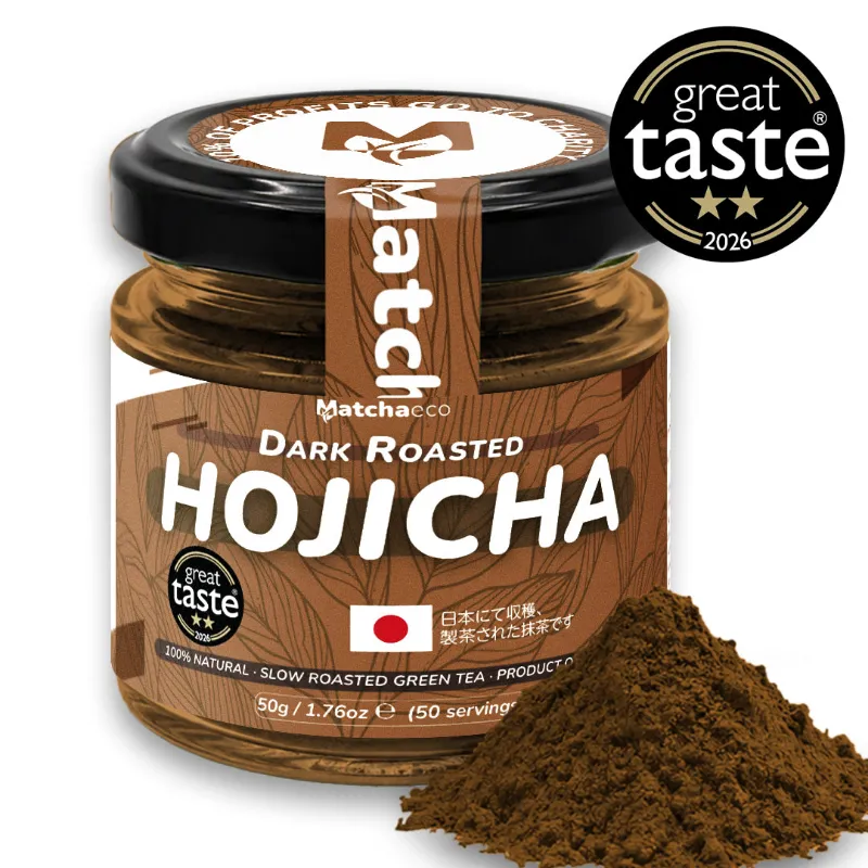 Matchaeco Hojicha dark roasted green tea powder pouch with reddish-brown powder