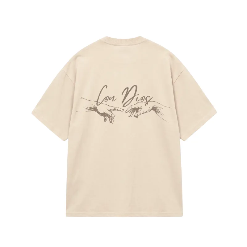 Nimodo Con Dios T-Shirt in Crema displaying an oversized premium cotton tee in off-white