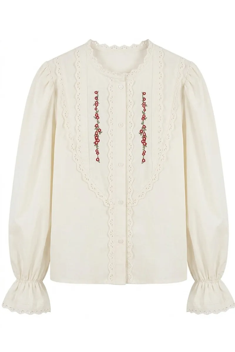 Cottagecore Clothes Cottagecore Red Floral Embroidered Lace Blouse, white blouse with red embroidery and eyelet lace trim