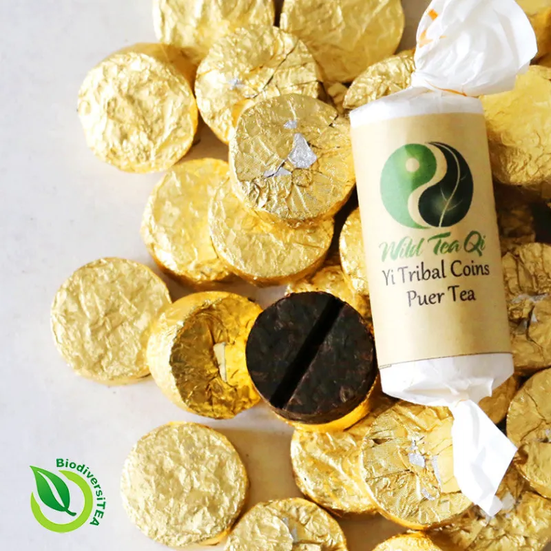 Wild Tea Qi Aged Yi Tribal Coins Tube Fermented Puer Tea showing gold foil wrapped coin shaped tea discs in tube