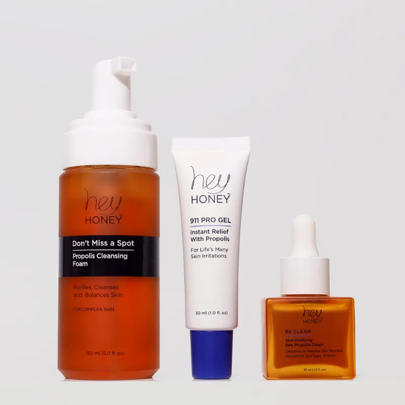 Hey Honey ACNE & UNEVEN SKIN 3 STEP ROUTINE set with cleanser, serum, and gel