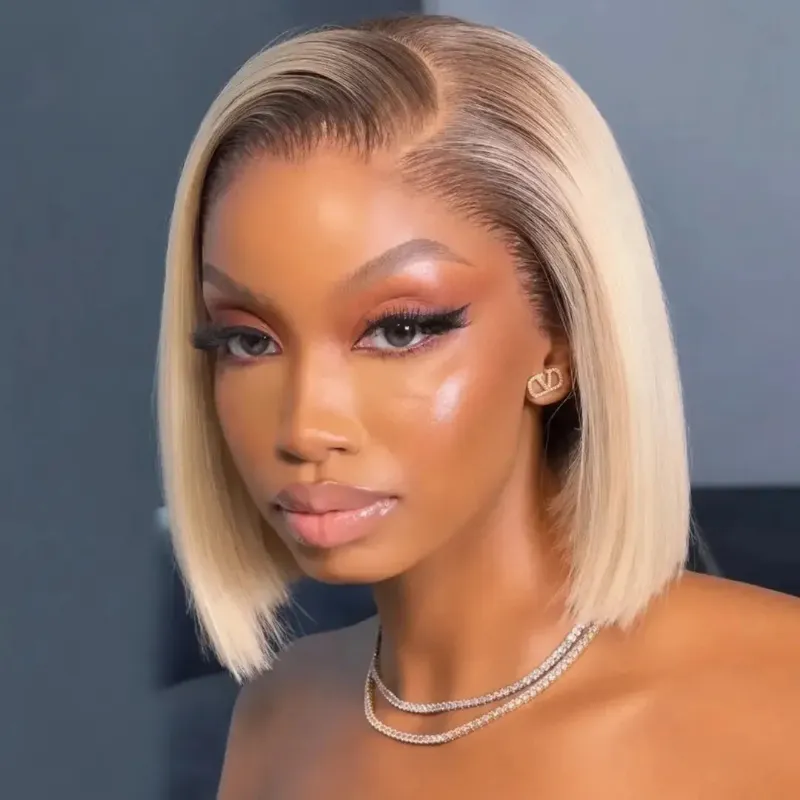 Hairsofly Shop (French Eyes) Blonde Ombre Straight Blunt Cut Bob Wig, straight ombre blonde bob with dark roots on lace front cap