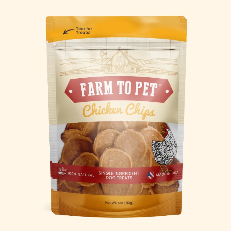 Found My Animal Chicken Chips for Dogs, bag of single-ingredient crunchy chicken dog treats on white background