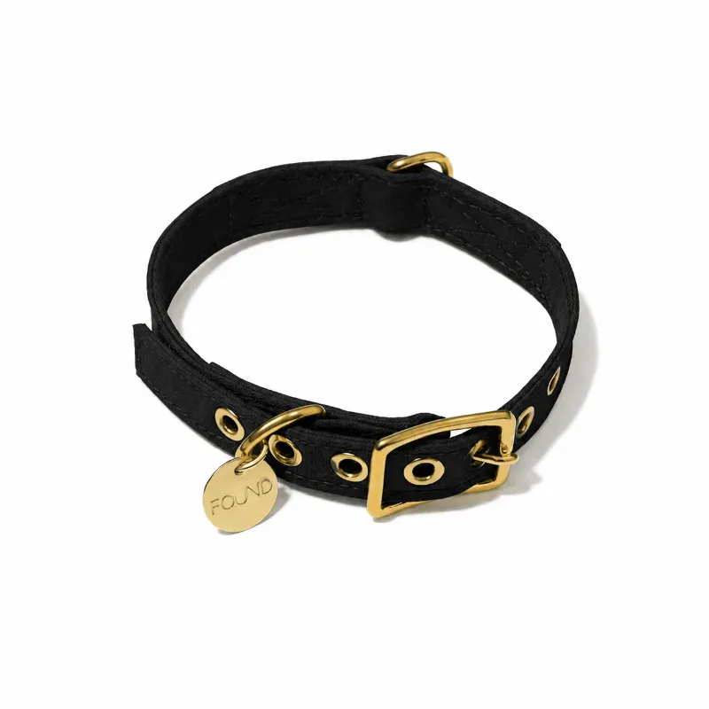 Found My Animal black waxed cotton canvas dog collar with brass hardware and contrast stitching
