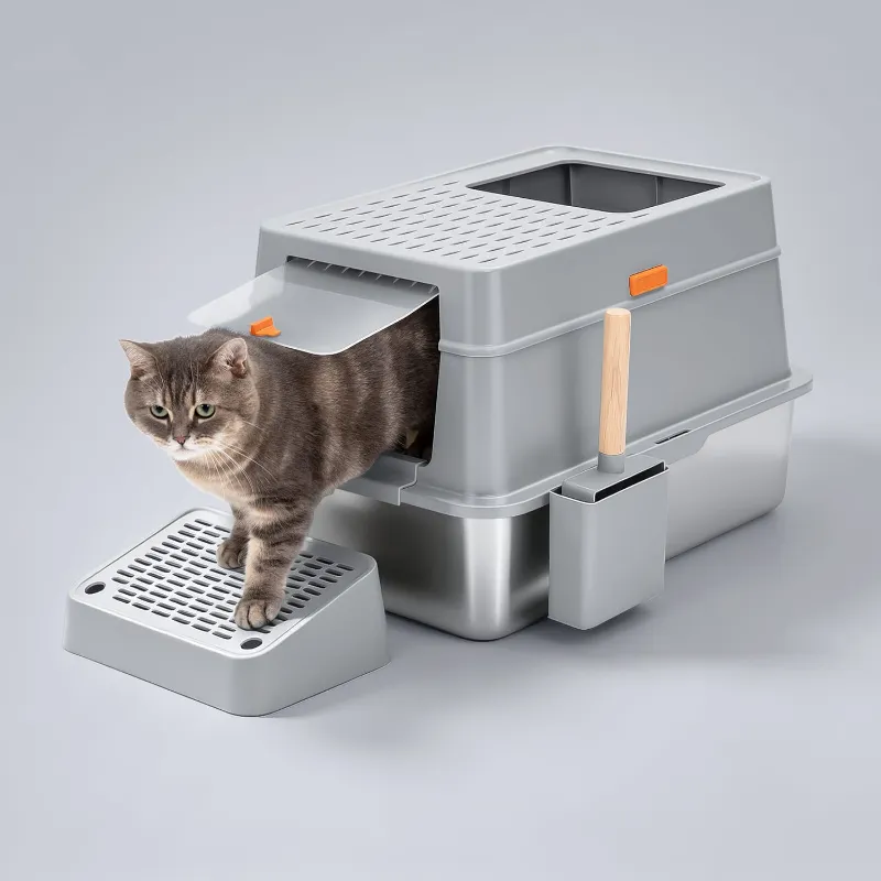 Furrbby XL Full Enclosed Stainless Steel Litter Box Model F, stainless steel enclosed box with convertible design