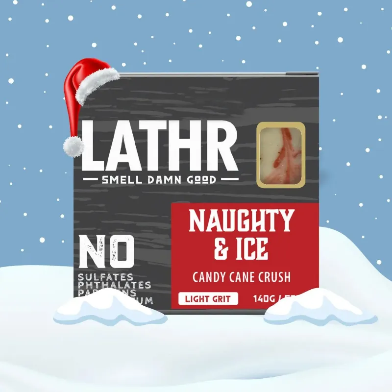 LATHR Naughty & Ice Soap Bar with candy cane design