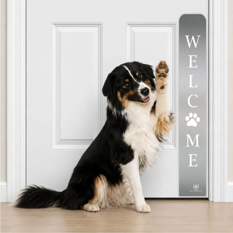 Deck the Door Decor Welcome Paw Engraved Dog Scratch Protection Plate with welcome message and paw detail