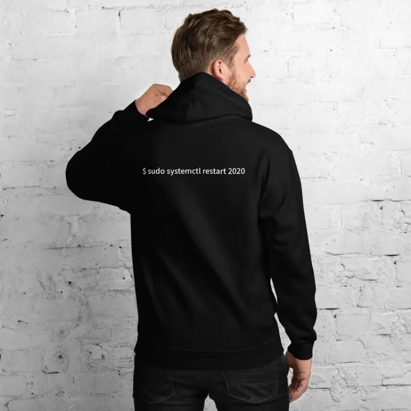 MyHackerTech $ sudo systemctl restart 2020 unisex hoodie with back design, shown in solid color
