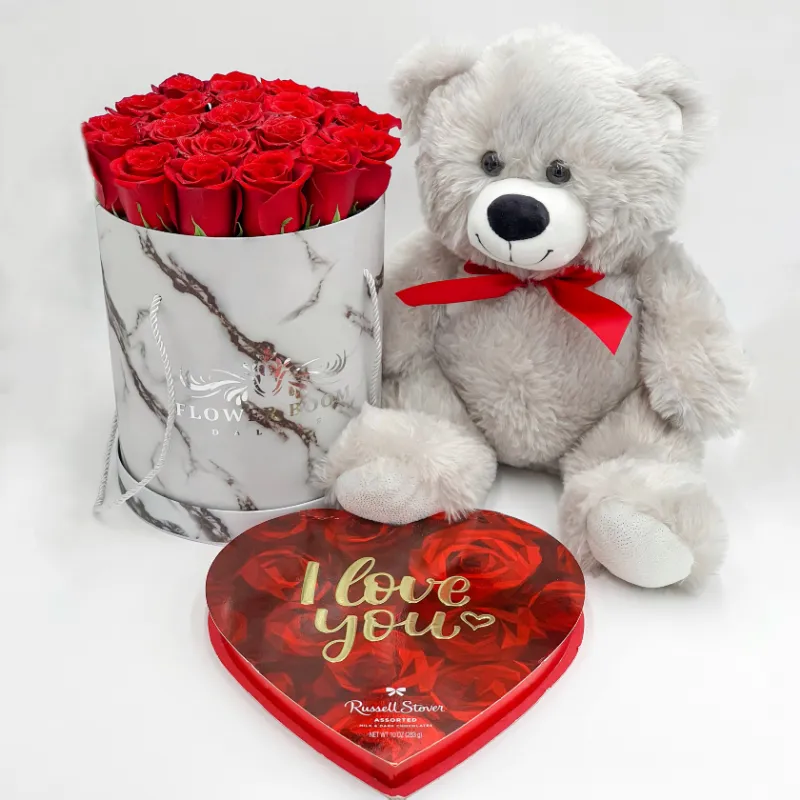 Flower Boom Dallas Mother's Day Gift Set with luxury roses, assorted chocolates and plush bear