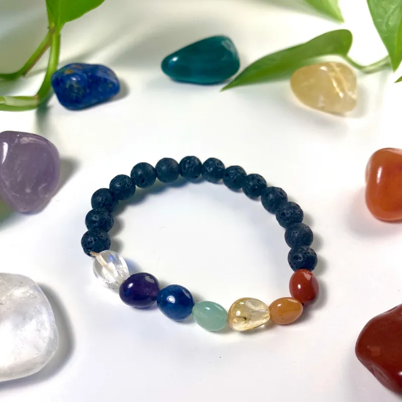 Turix 7 Chakra Crystals Lava Rock Bracelet showing colorful gemstone beads alternating with black lava stones