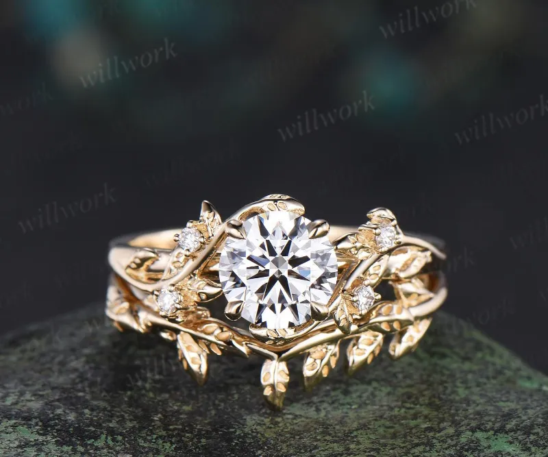 WillWork Jewelry 1ct lab diamond branch leaf engagement ring yellow gold