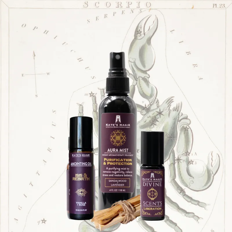 Kates Magik Scorpio Zodiac Gift set with oils, mist, and palo santo stick