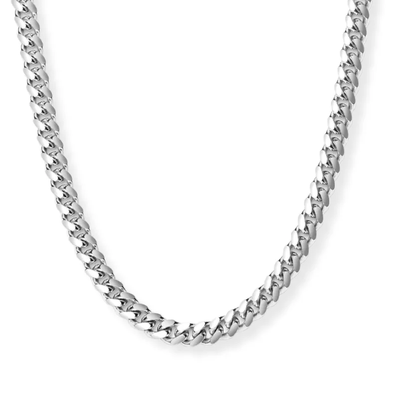 Sleek Fit Jewelry Vesta Chain in silver, a 5mm Miami Cuban link necklace shown laid flat