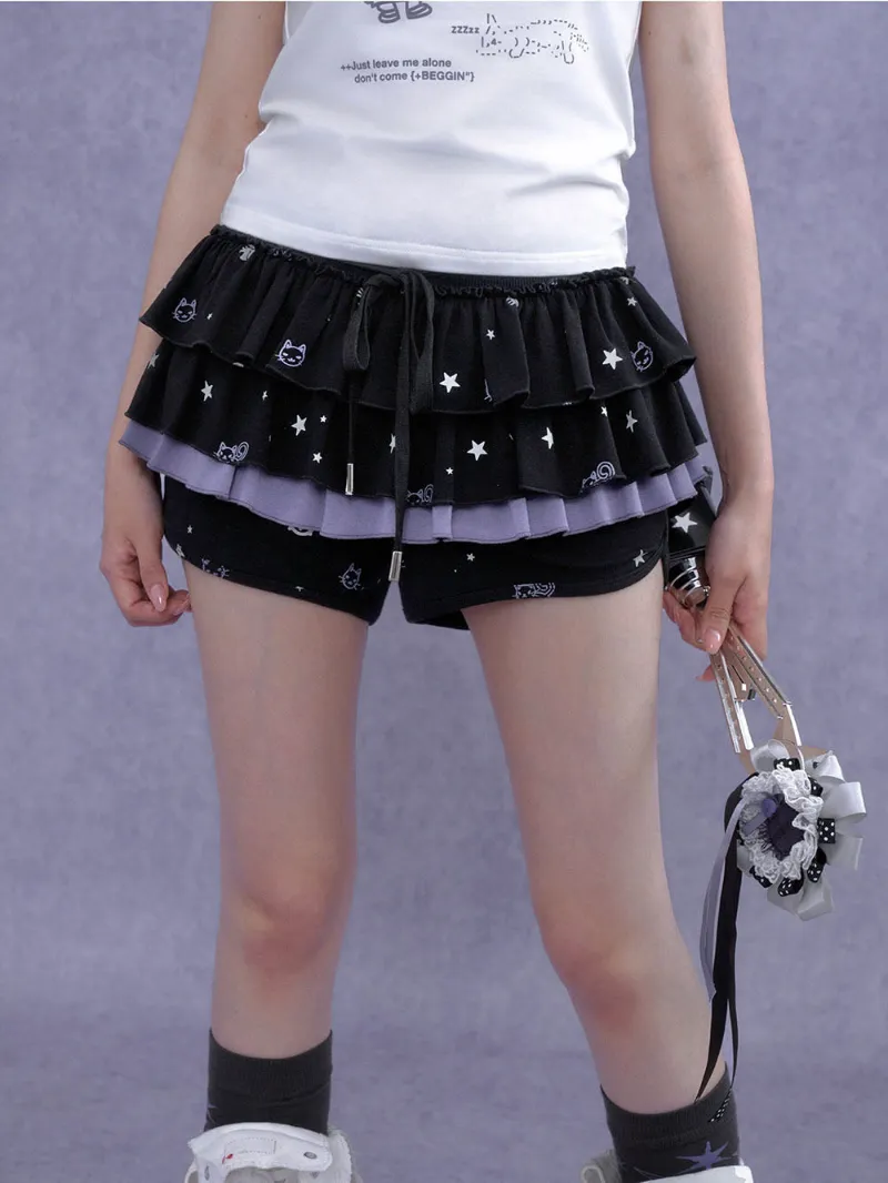 Juwas Black Cat Star Layered Ruffle Skort showing a flared bottom with a cat graphic.