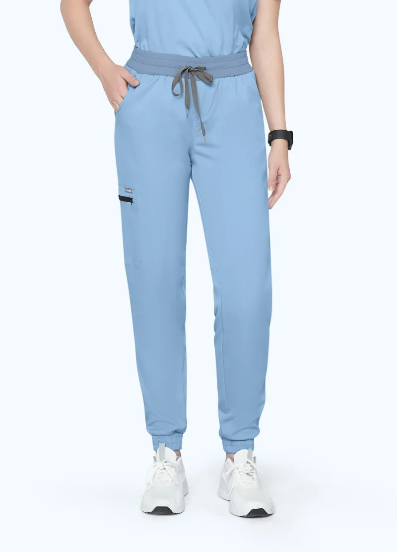 COMENII StyleFlex Jogger Scrub Pant in ceil blue with elastic ankle cuffs and zippered cargo pocket