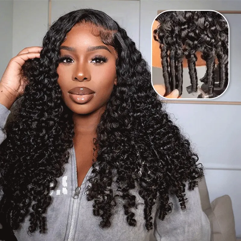 Megalook 13x6 Three-Go glueless Burmese curly wig with finger coil ends in natural black