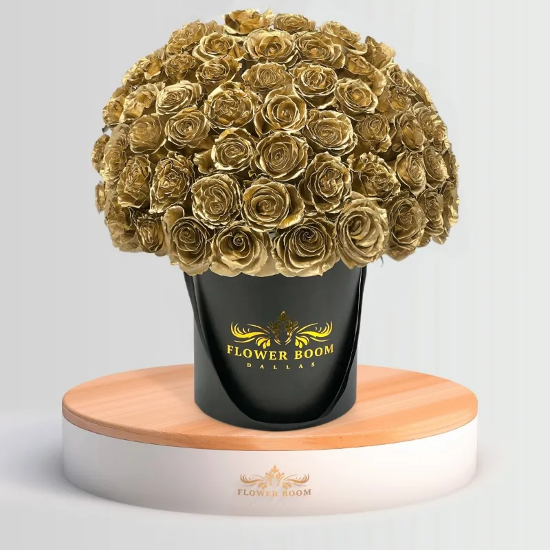 Flower Boom Dallas Gold Roses in a Box featuring gold painted roses in a black luxury box