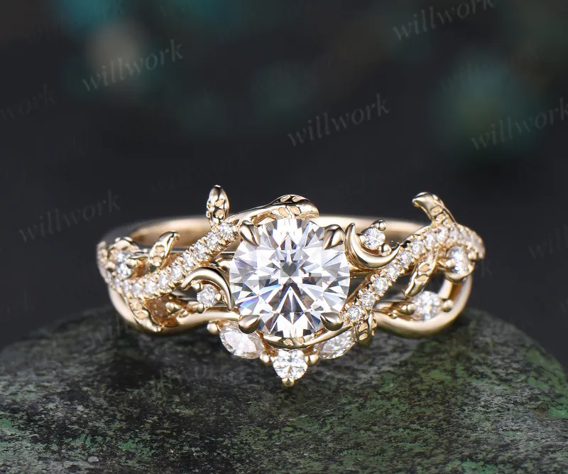 WillWork Jewelry 1ct Round Cut IGI Lab Grown Diamond Engagement Ring set 14k yellow gold moon Leaf Nature Inspired, showing two-ring bridal