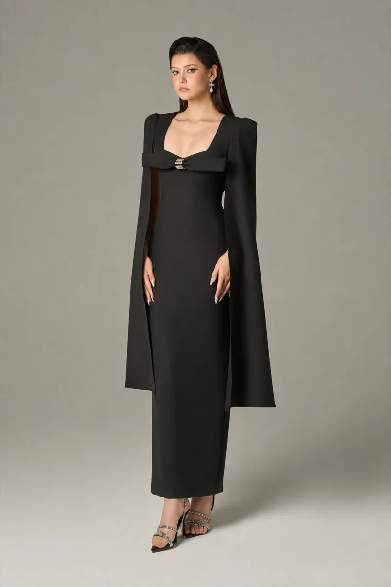Kalisa Empower Square Neck Line Cape Maxi Dress, formal gown with square neckline and cape sleeves