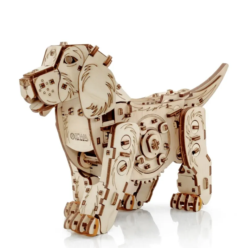 Varvikas 3D Wooden Mechanical Puzzle Kit, Puppy (BEW002e) showing playful wooden figure with mechanical details