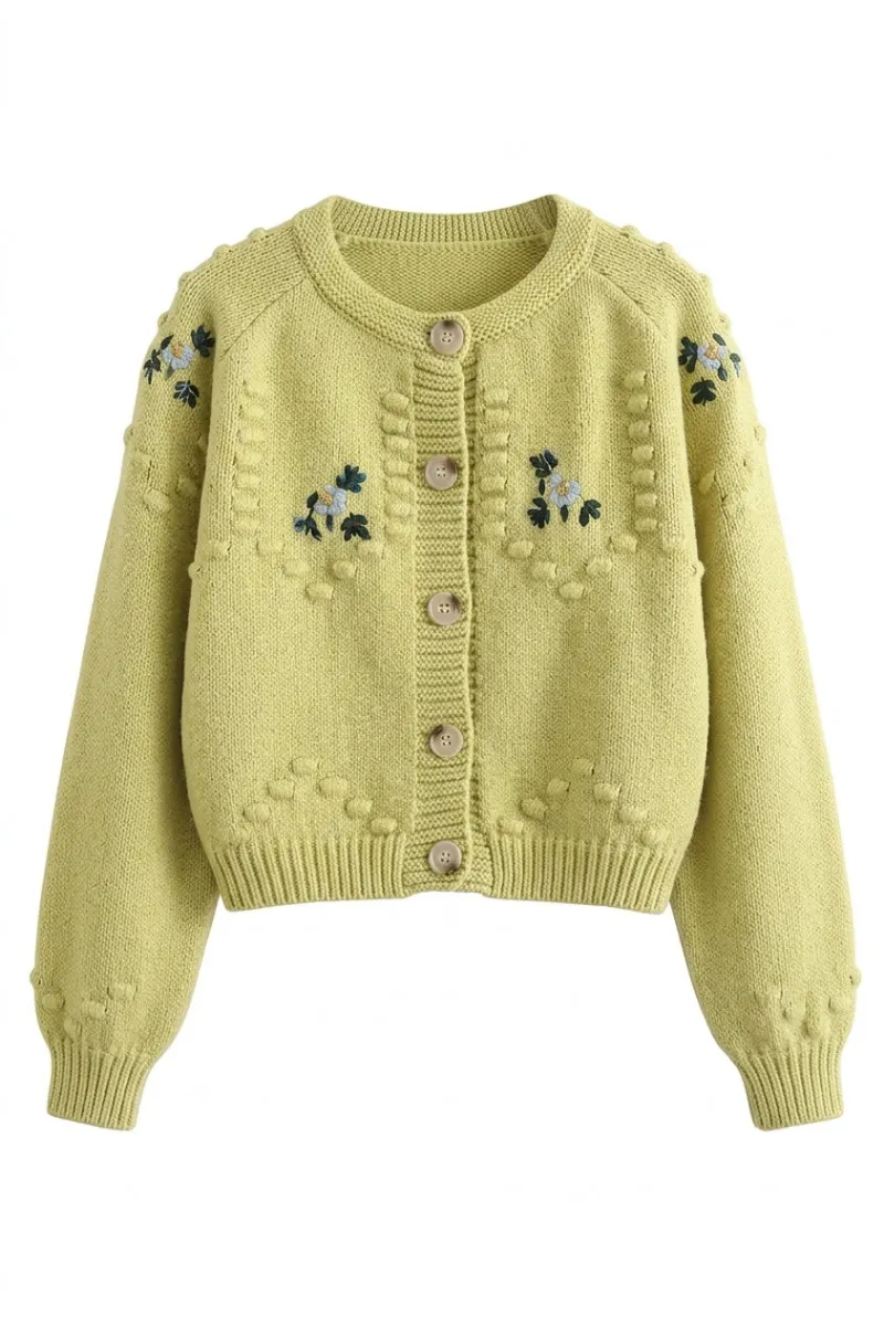 Cottagecore Clothes Cottagecore Forget-Me-Not Bobble Knit Cardigan in moss yellow with textured knit