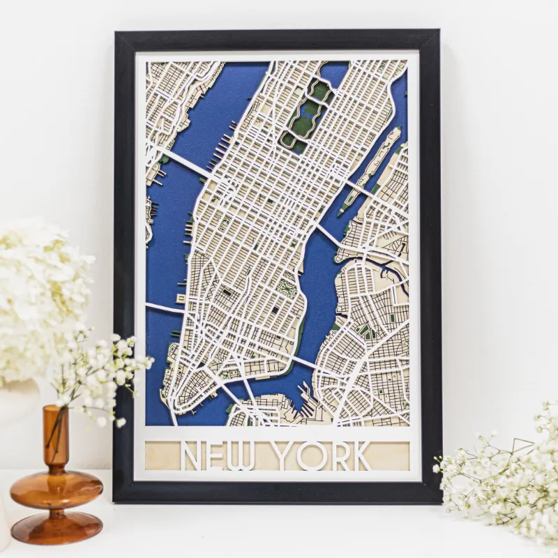 Enjoy The Wood 3D City Map New York layered wooden wall art showing Manhattan grid and boroughs