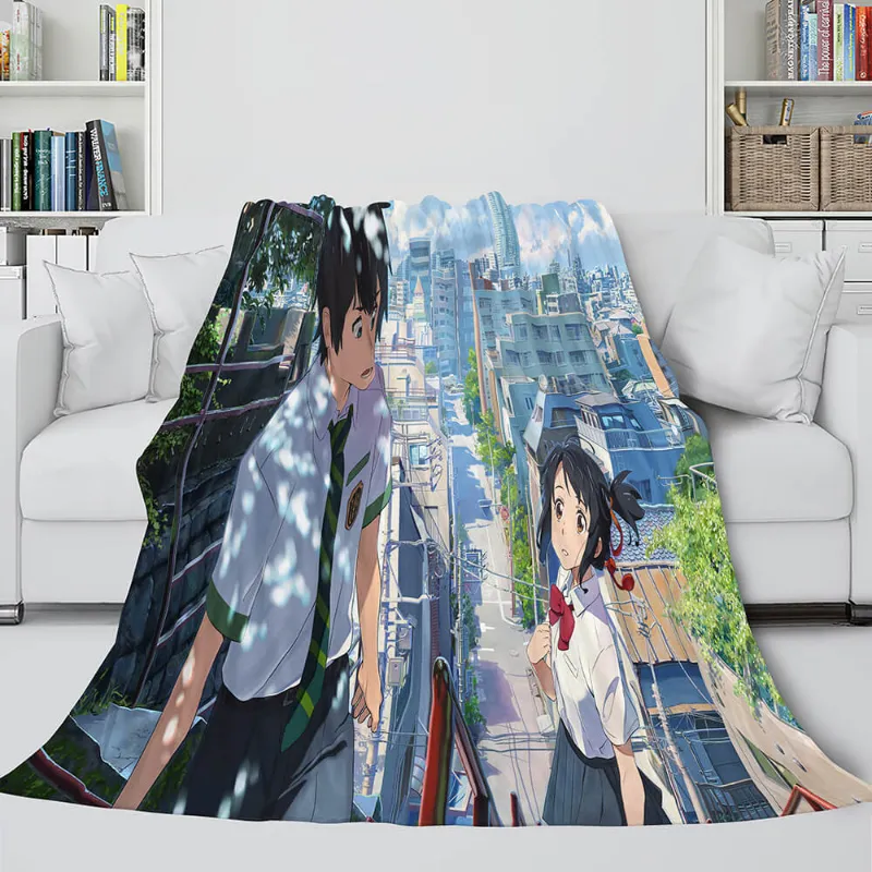 EBuycos Anime Your Name Cosplay Flannel Blanket Throw, showing Your Name characters printed on soft flannel