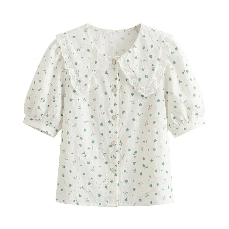 Cottagecore Clothes Cottagecore Clover Drift Lace Collar Blouse in ivory with oversized scalloped lace collar and green blossom print