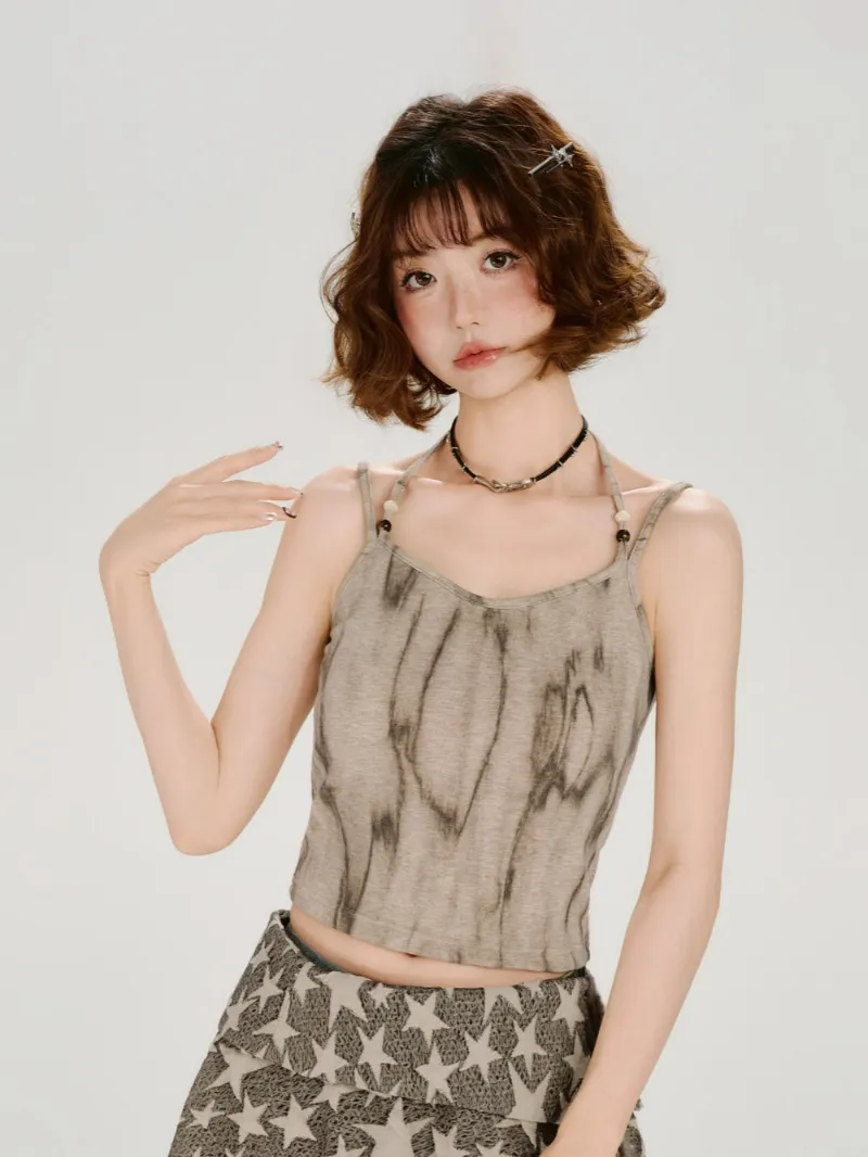 Juwas Acid Wash Halter Tie-Dye Cami Top showing the colorful dye pattern.
