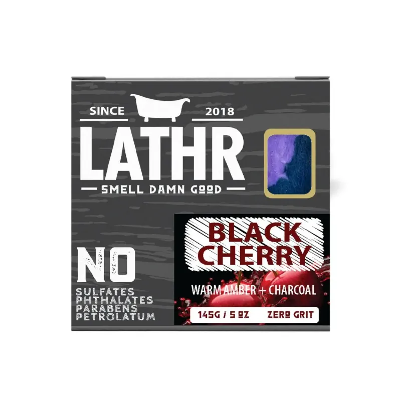 LATHR Black Cherry Soap Bar with activated charcoal on wet surface