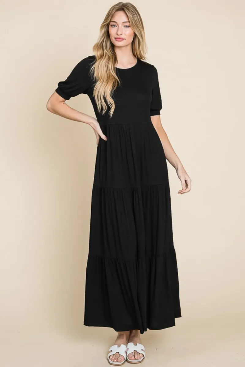 BIANKINA Short Sleeve Tiered Maxi Dress with flowy tiered layers and ruched details