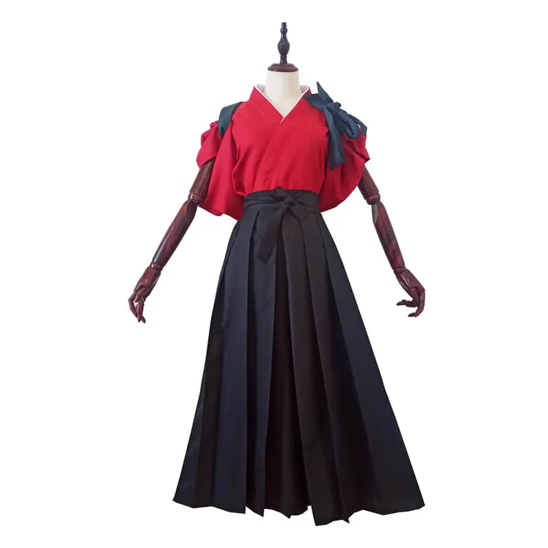 Foxtume Red Workwear Hakama Set showing a bold red kimono top with a flowing black pleated hakama skirt