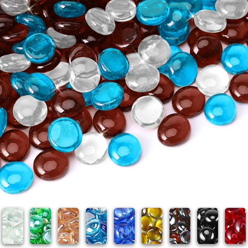 GrillPartsReplacement 10 LBS 1/2 inch Fire Glass Beads White Blue Copper Reflective Tempered Fire Rocks Beads for Fire Pits, Fireplace and F